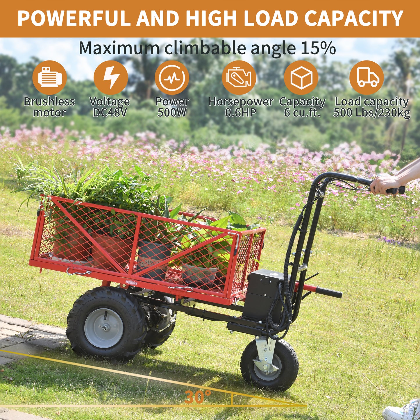 Wheelbarrow Utility Cart Electric Powered Cart 48V28Ah 500W Capacity 500lbs (230kg) Material Hauler 1000lbs Towing - LaTezza Online Shop