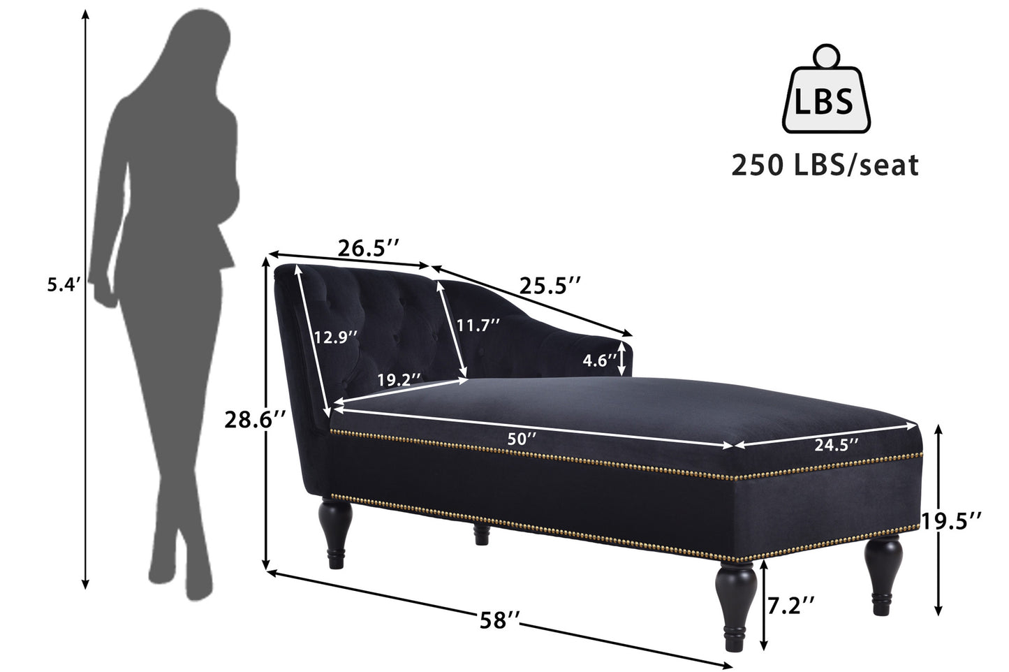 58 inch velvet lounge chair, button cluster right arm lounge chair with nail head decoration and solid wood legs - LaTezza Online Shop
