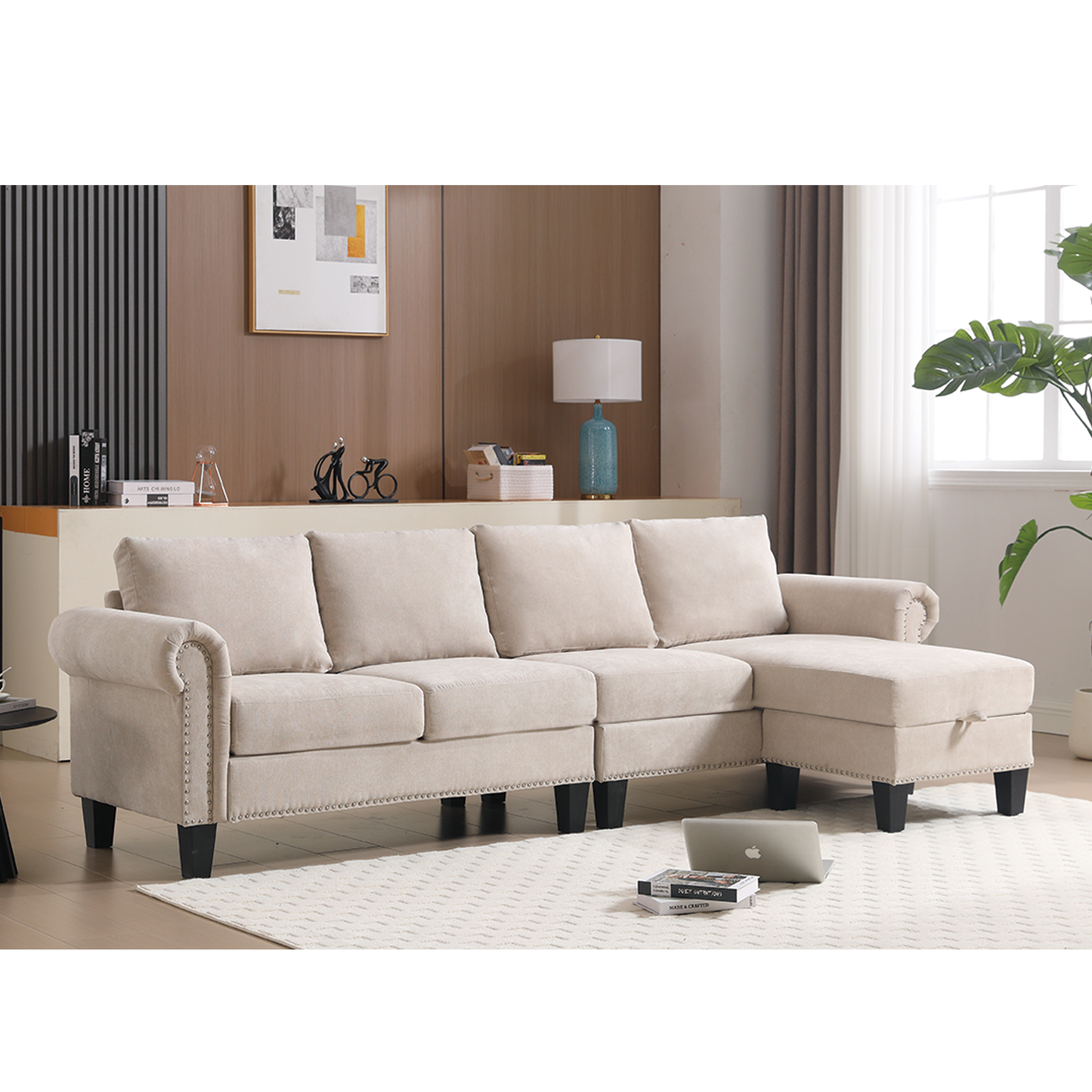 Convertible Sectional Sofa with Storage,L-shaped sofa,Four-seater sofa,Modern Linen Fabric Sectional Couches Beige - LaTezza Online Shop