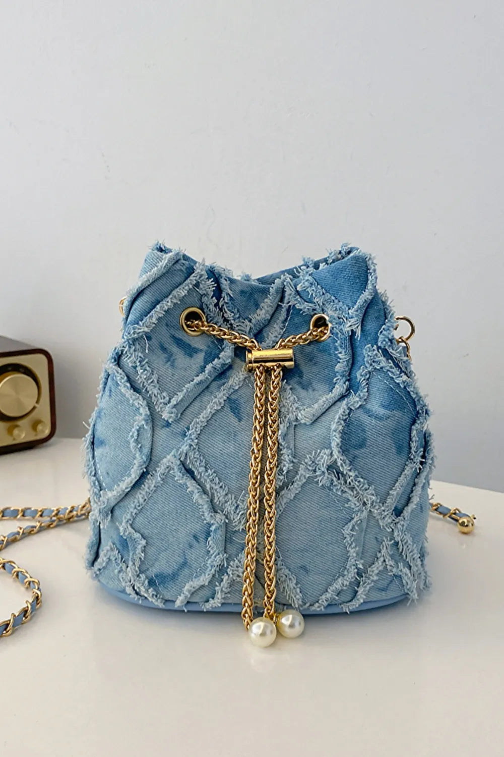 Chain Drawstring Raw Edge Denim Bucket Bag - LaTezza Online Shop