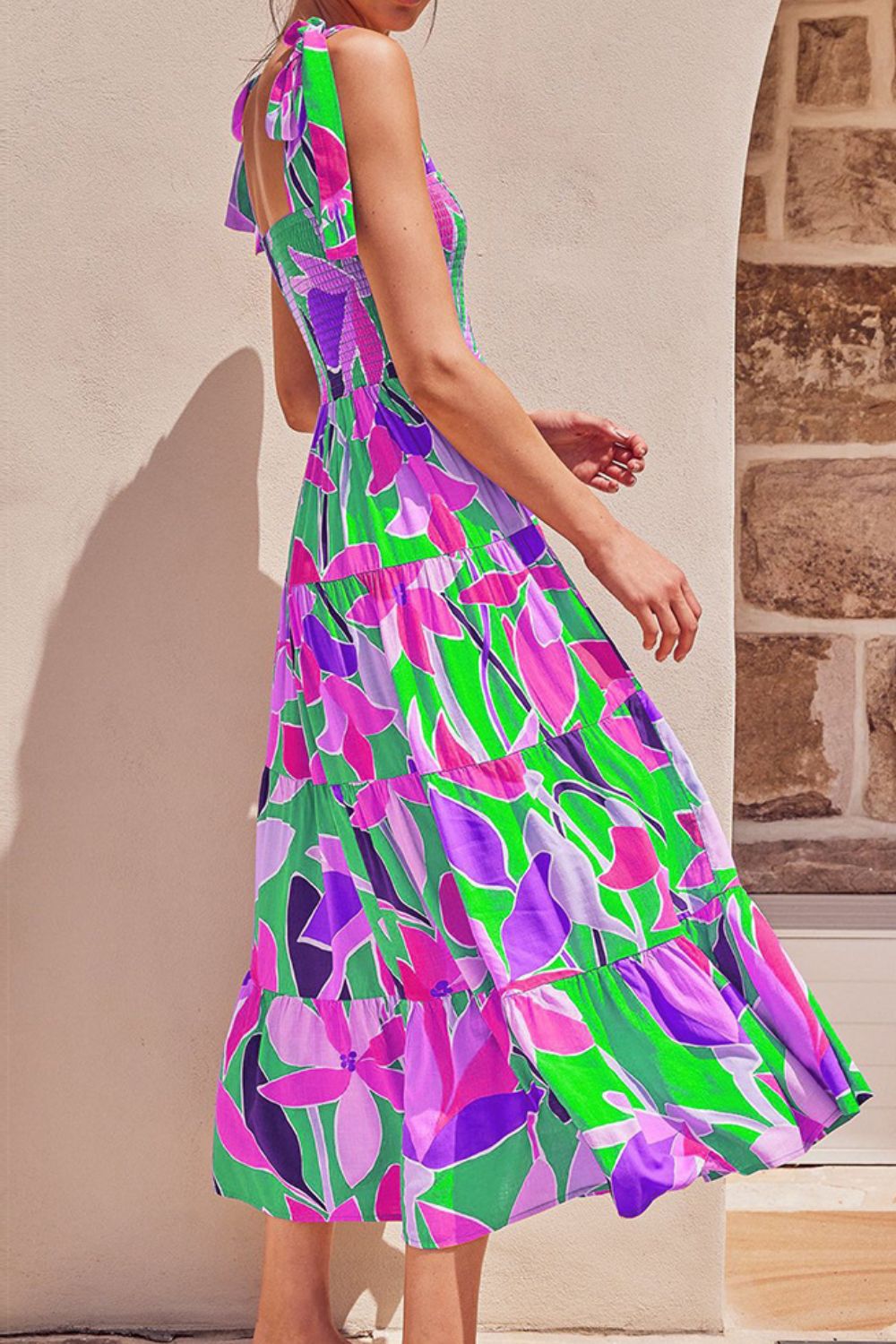 Floral Tie-Shoulder Smocked Midi Dress - LaTezza Online Shop