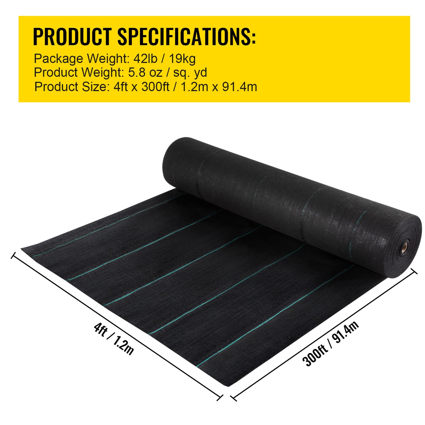 VEVOR Weed Barrier, 5.8oz Landscape Fabric, 4ft X 300ft Cover Mat Heavy Duty Woven Grass Control Geotextile For Garden, Patio, Black - LaTezza Online Shop