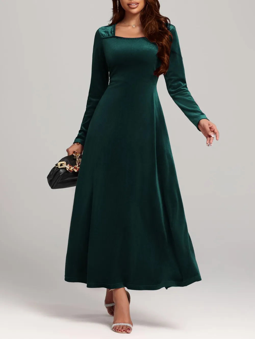 Square Neck Long Sleeve Velvet Dress - LaTezza Online Shop