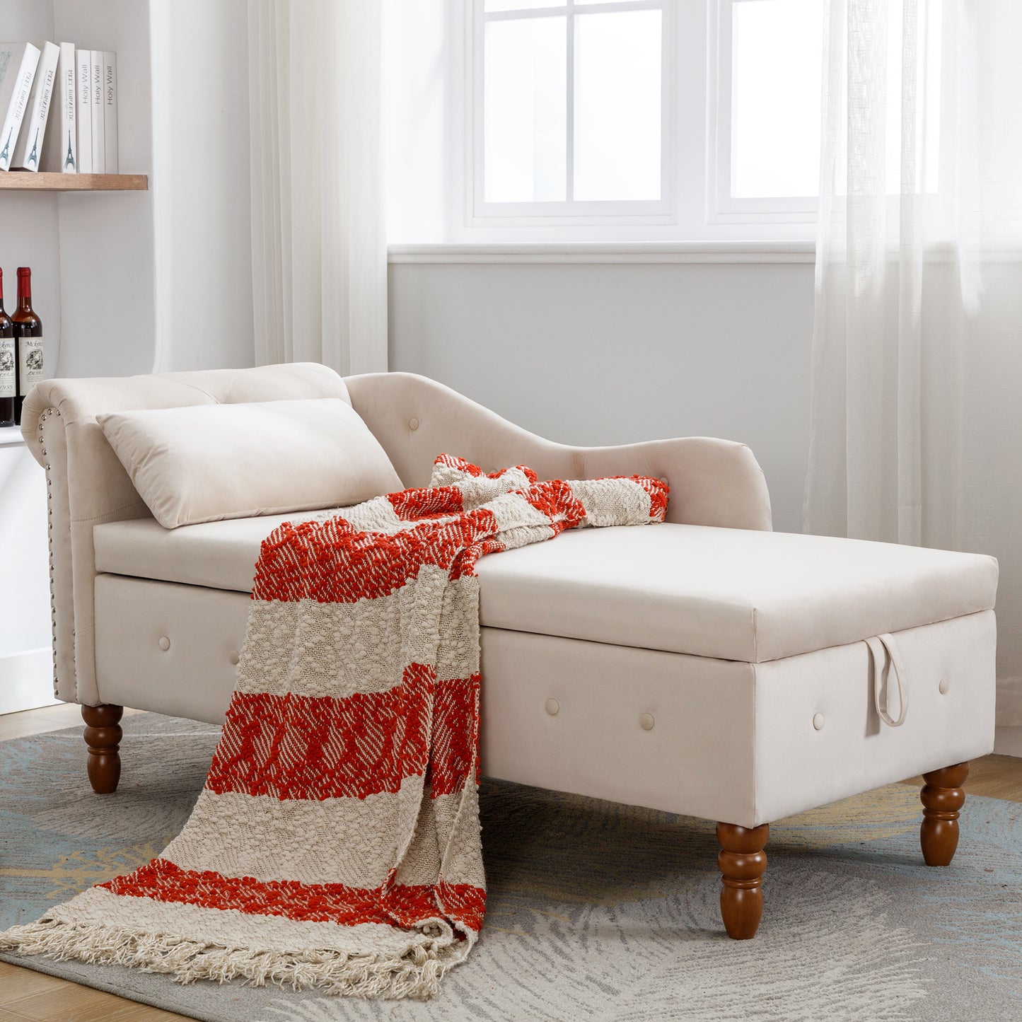 Beige Chaise Lounge Indoor Velvet Lounge Chair for Bedroom with Storage & Pillow Modern Upholstered Rolled Arm Chase Lounge - LaTezza Online Shop