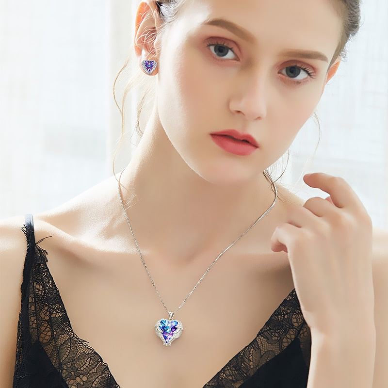 Cdyle Crystals from Swarovski Angel Wings Necklaces Earrings Purple Blue Crystal Heart Pendant Jewelry Set For Women Love Gifts - LaTezza Online Shop