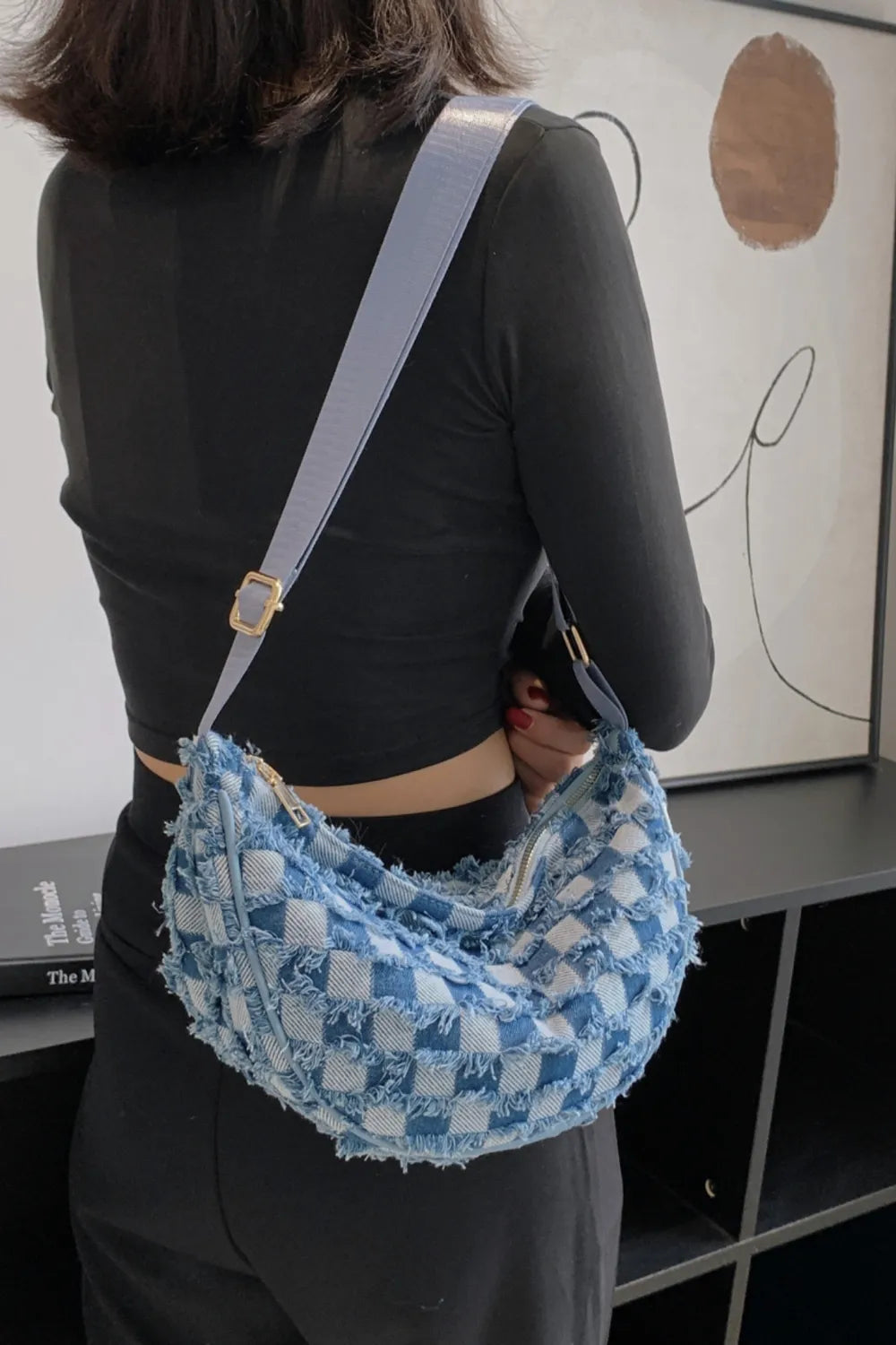 Raw Hem Checkered Denim Crossbody Bag - LaTezza Online Shop