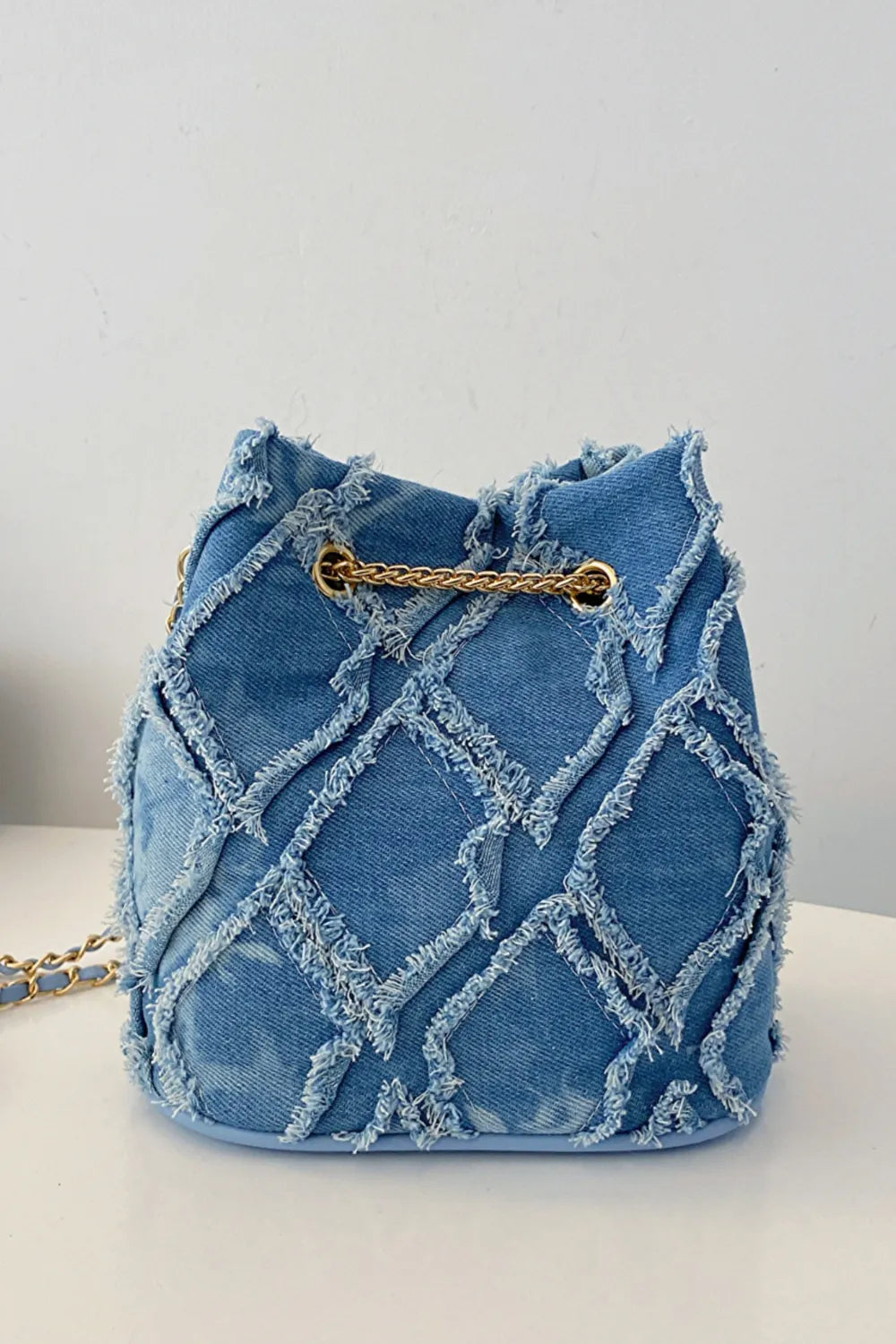 Chain Drawstring Raw Edge Denim Bucket Bag - LaTezza Online Shop