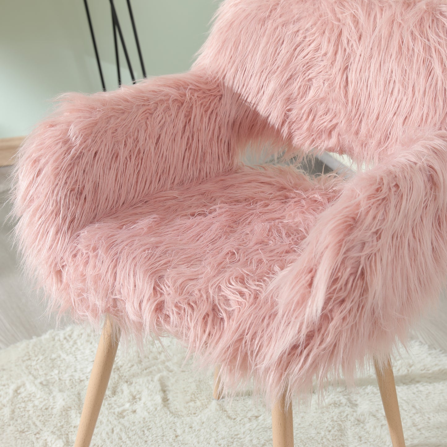 PINK Faux Fur Upholstered Make up chair Side Dining Chair with Metal Leg(PINK+Beech Metal Leg) - LaTezza Online Shop