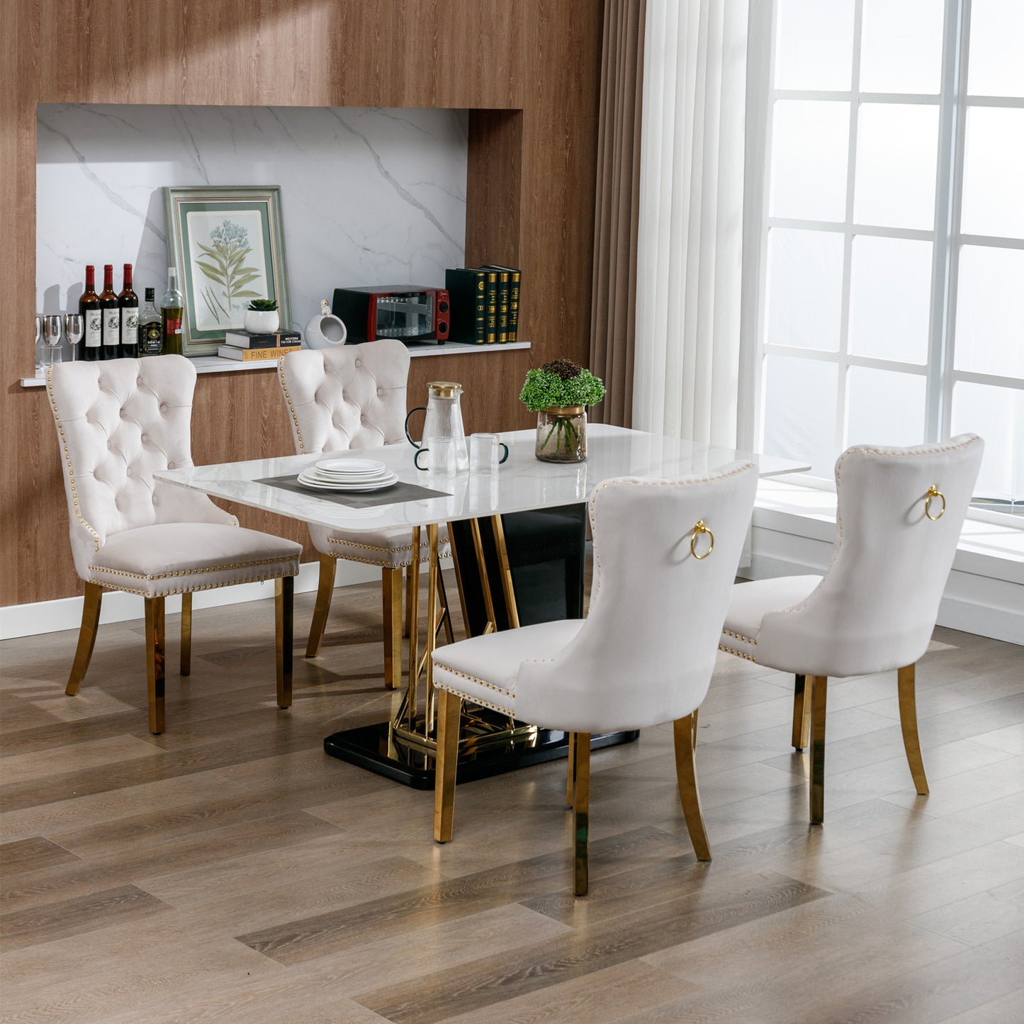 Tufted solid wood velvet soft cushion dining chair gold stainless steel plated leg nail head set of 2 pieces beige and gold - LaTezza Online Shop