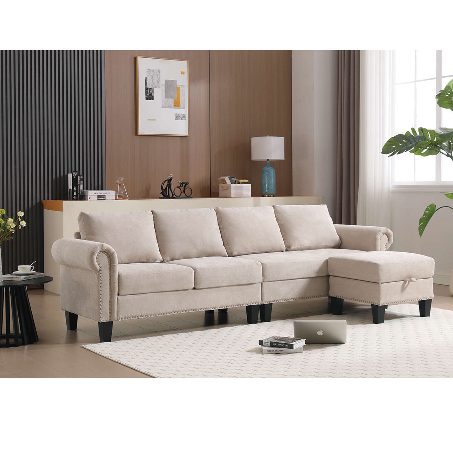 Convertible Sectional Sofa with Storage,L-shaped sofa,Four-seater sofa,Modern Linen Fabric Sectional Couches Beige - LaTezza Online Shop