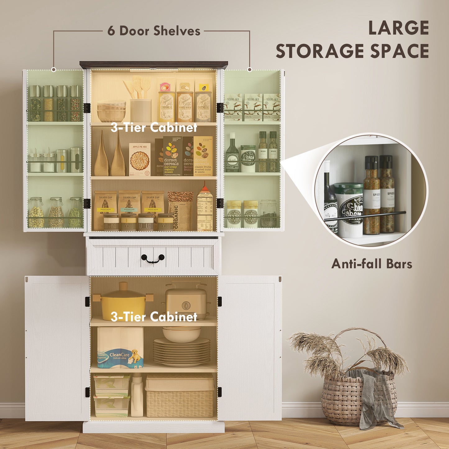 71 LED Kitchen Pantry Cabinet, Farmhouse Storage Cabinet With Door Shelves, Distressed White