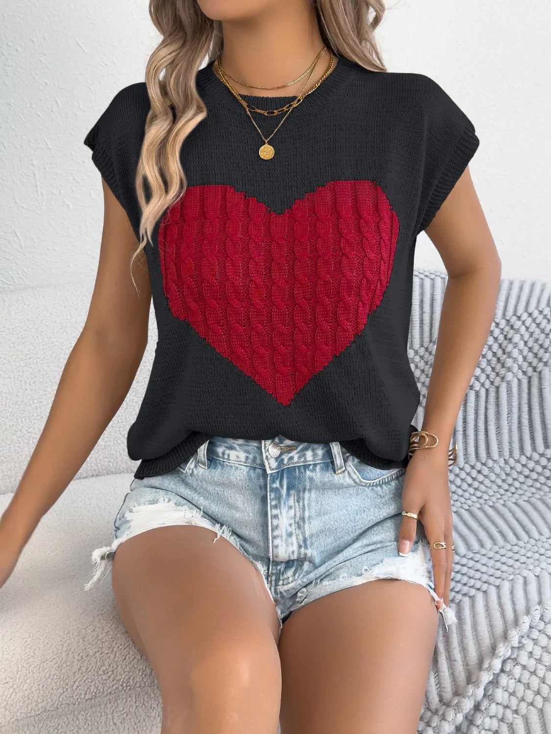 Cable Knit Heart Round Neck Cap Sleeve Knit Top - LaTezza Online Shop