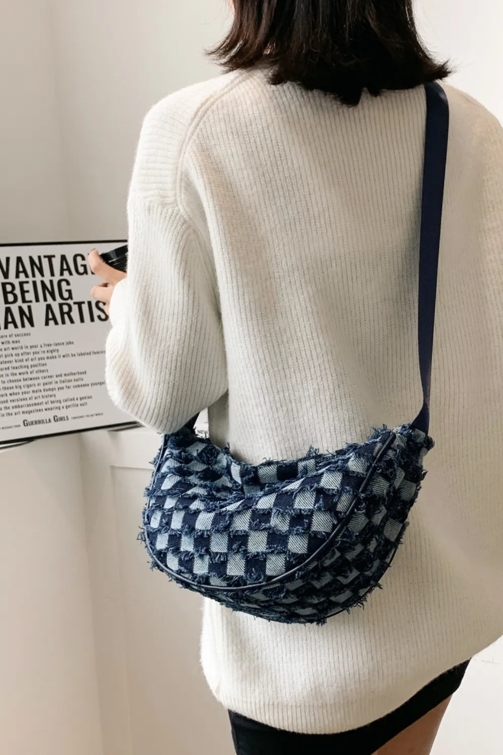 Raw Hem Checkered Denim Crossbody Bag - LaTezza Online Shop