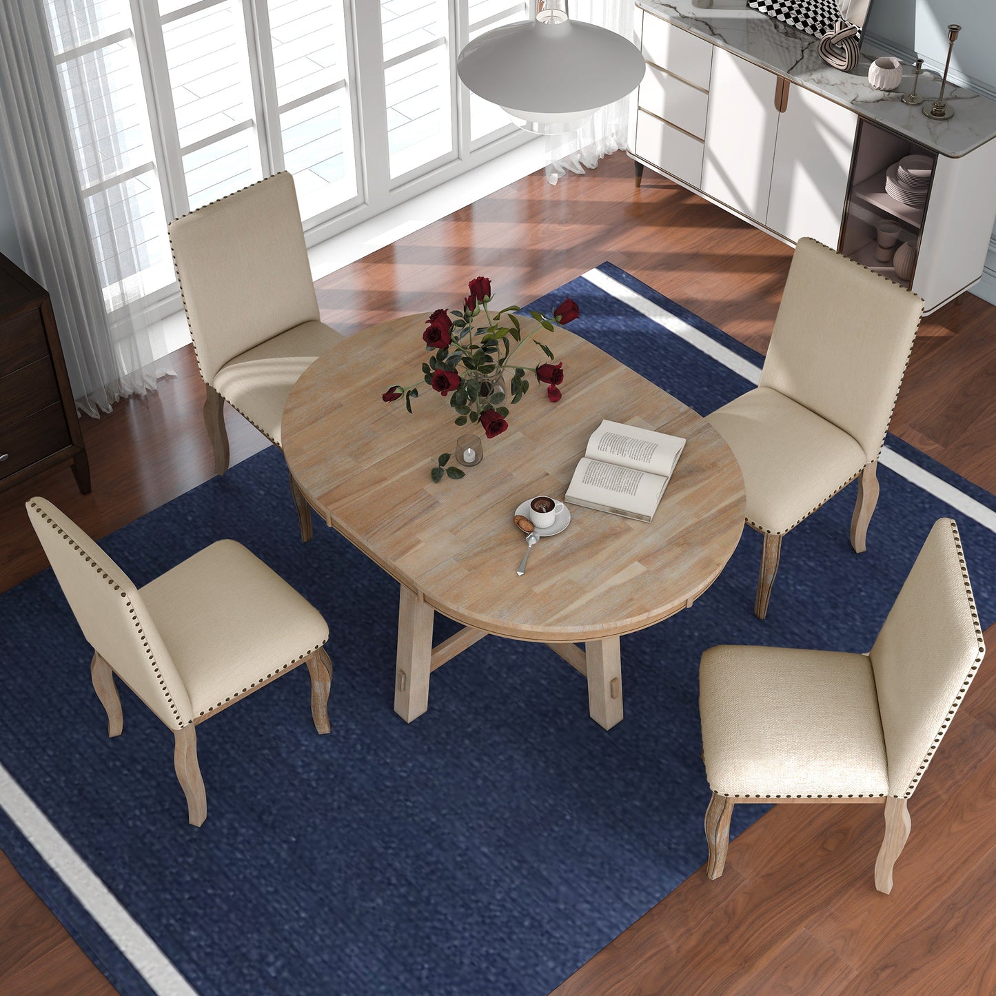 TREXM 5-Piece Farmhouse Dining Table Set Wood Round Extendable Dining Table and 4 Upholstered Dining Chairs (Natural Wood Wash) - LaTezza Online Shop