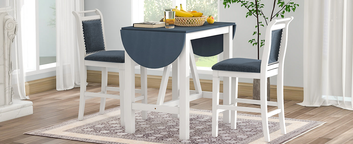 TOPMAX 3-Piece Wood Counter Height Drop Leaf Dining Table Set with 2 Upholstered Dining Chairs for Small Place White+Gray - LaTezza Online Shop