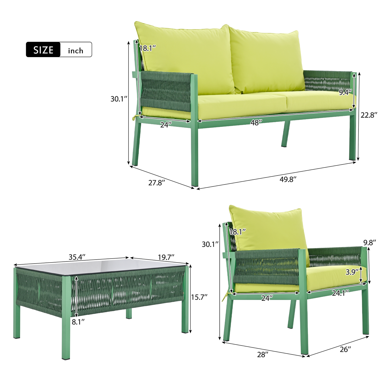 Outdoor Furniture with Tempered Glass Table, Set Deep Seating with Thick Cushion (Fluorescent Yellow & Green) - LaTezza Online Shop