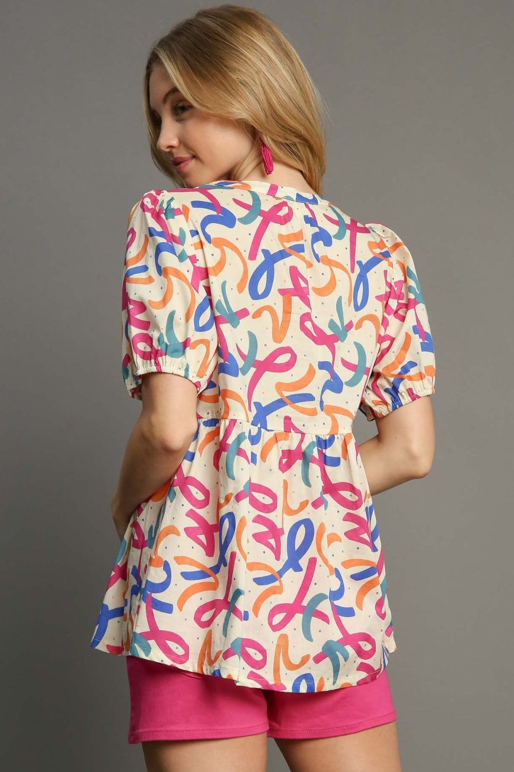 Umgee Full Size Mixed Print Puff Sleeve Babydoll Blouse Plus Size - LaTezza Online Shop