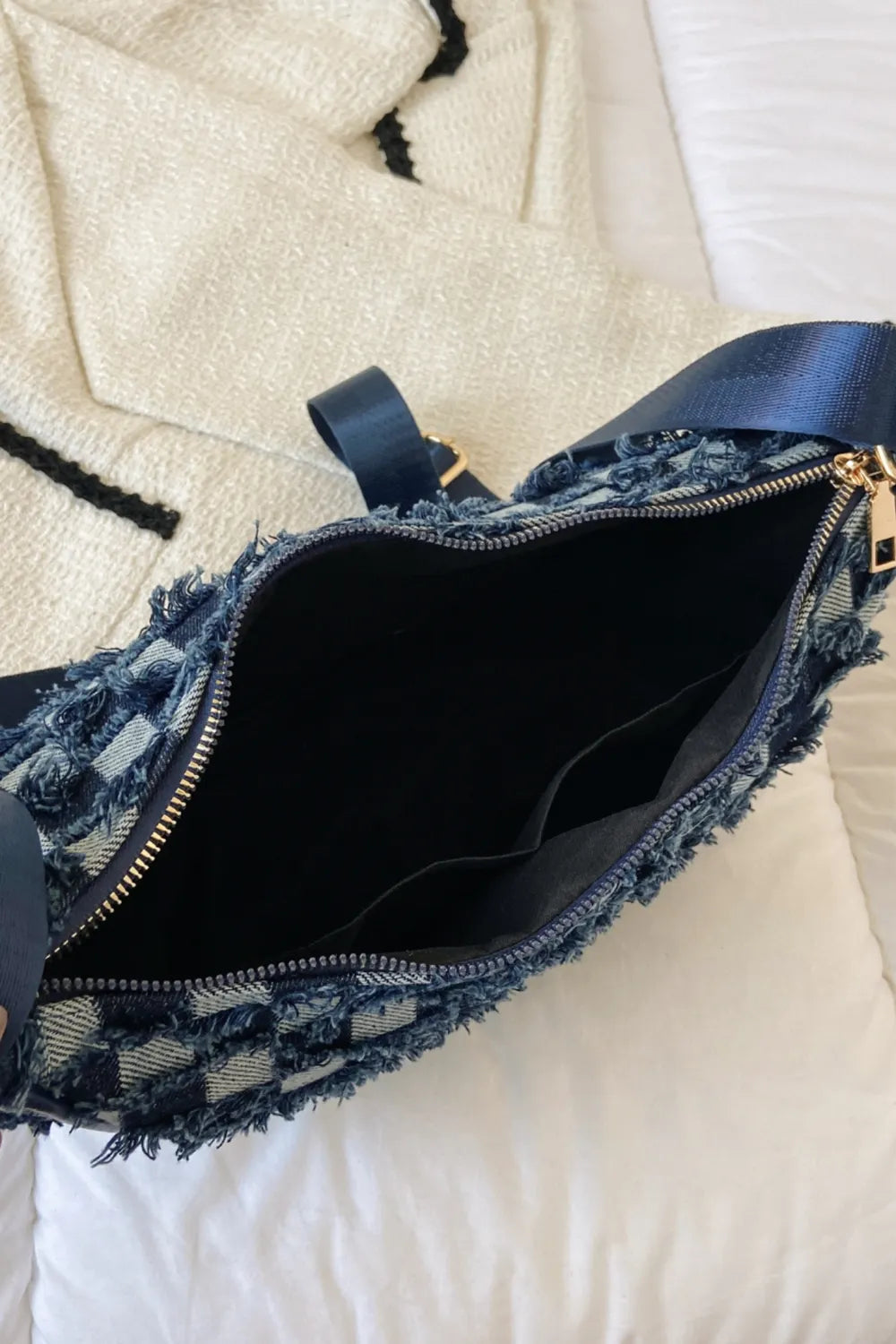 Raw Hem Checkered Denim Crossbody Bag - LaTezza Online Shop