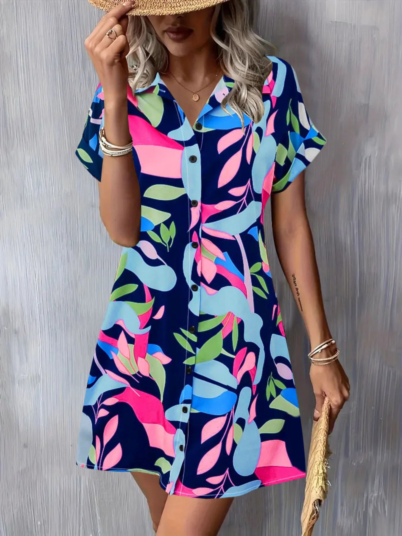 Printed Button Down Short Sleeve Dress