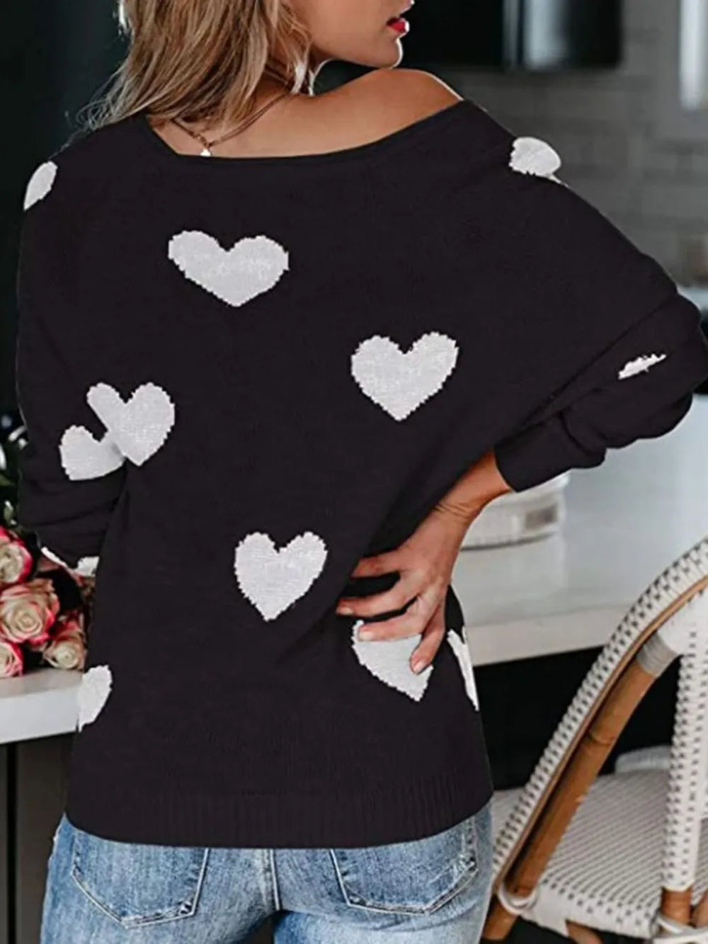 Heart Scoop Neck Long Sleeve Sweater - LaTezza Online Shop