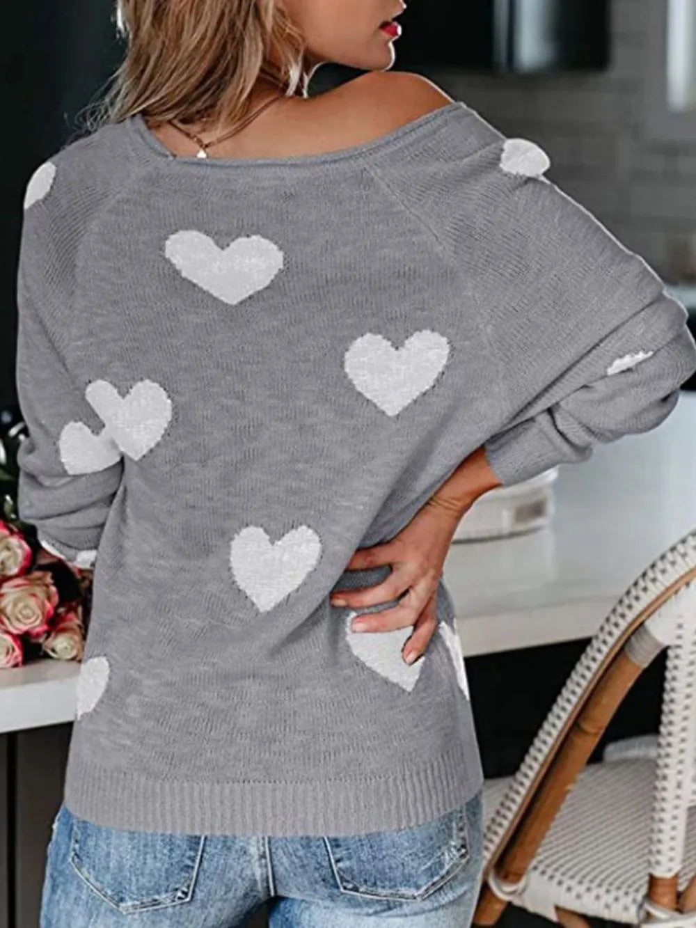 Heart Scoop Neck Long Sleeve Sweater - LaTezza Online Shop