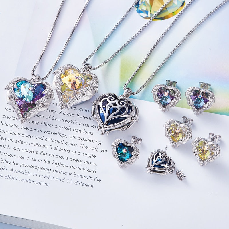 Cdyle Crystals from Swarovski Angel Wings Necklaces Earrings Purple Blue Crystal Heart Pendant Jewelry Set For Women Love Gifts - LaTezza Online Shop