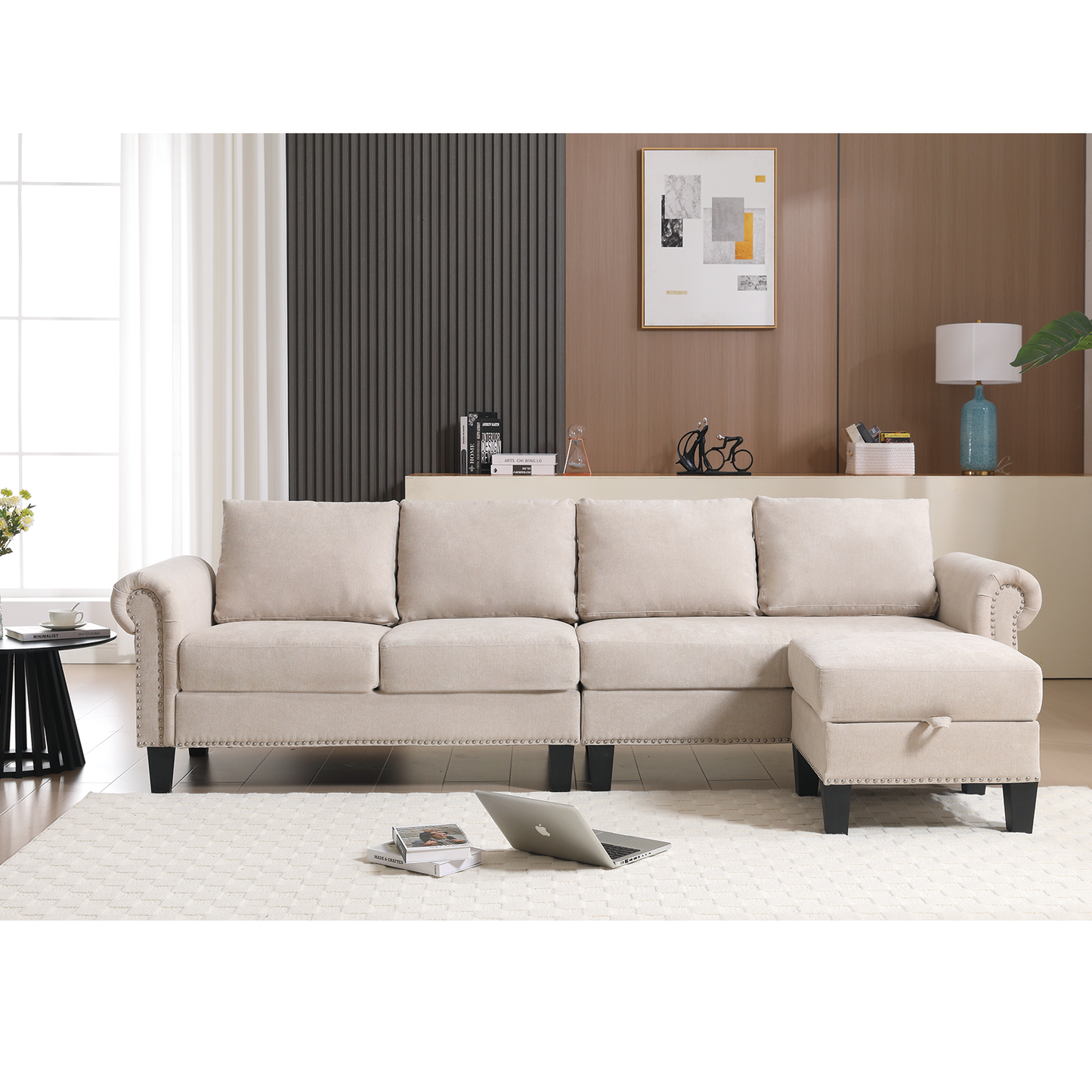 Convertible Sectional Sofa with Storage,L-shaped sofa,Four-seater sofa,Modern Linen Fabric Sectional Couches Beige - LaTezza Online Shop