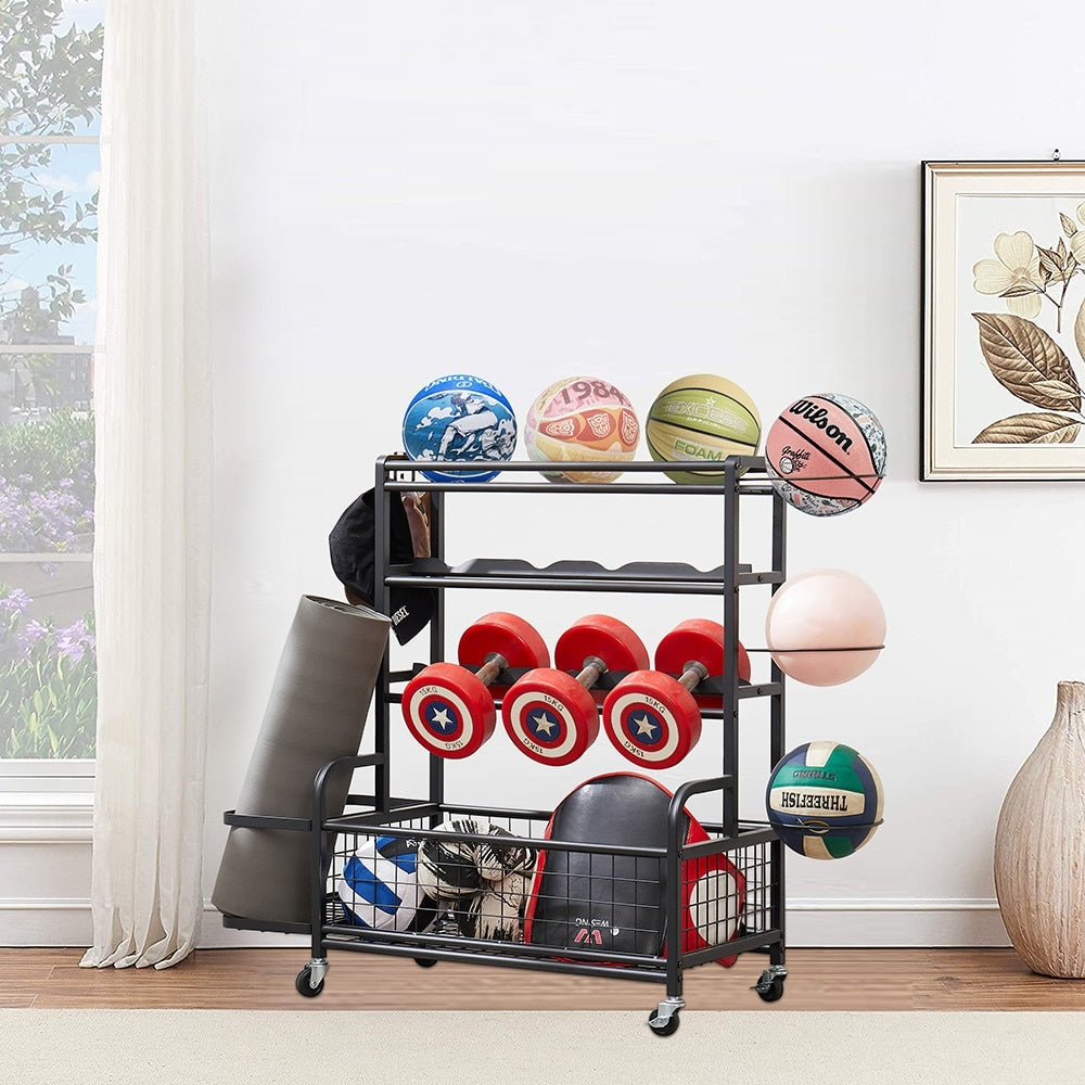 4 Tier Metal Storage Rack With Rolling Wheels Yoga Mat Organizer, Larger Ball Storage Rack - LaTezza Online Shop