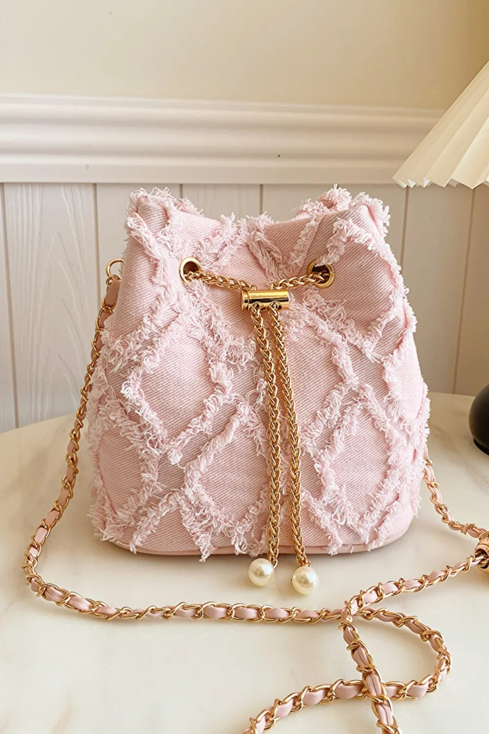 Chain Drawstring Raw Edge Denim Bucket Bag - LaTezza Online Shop
