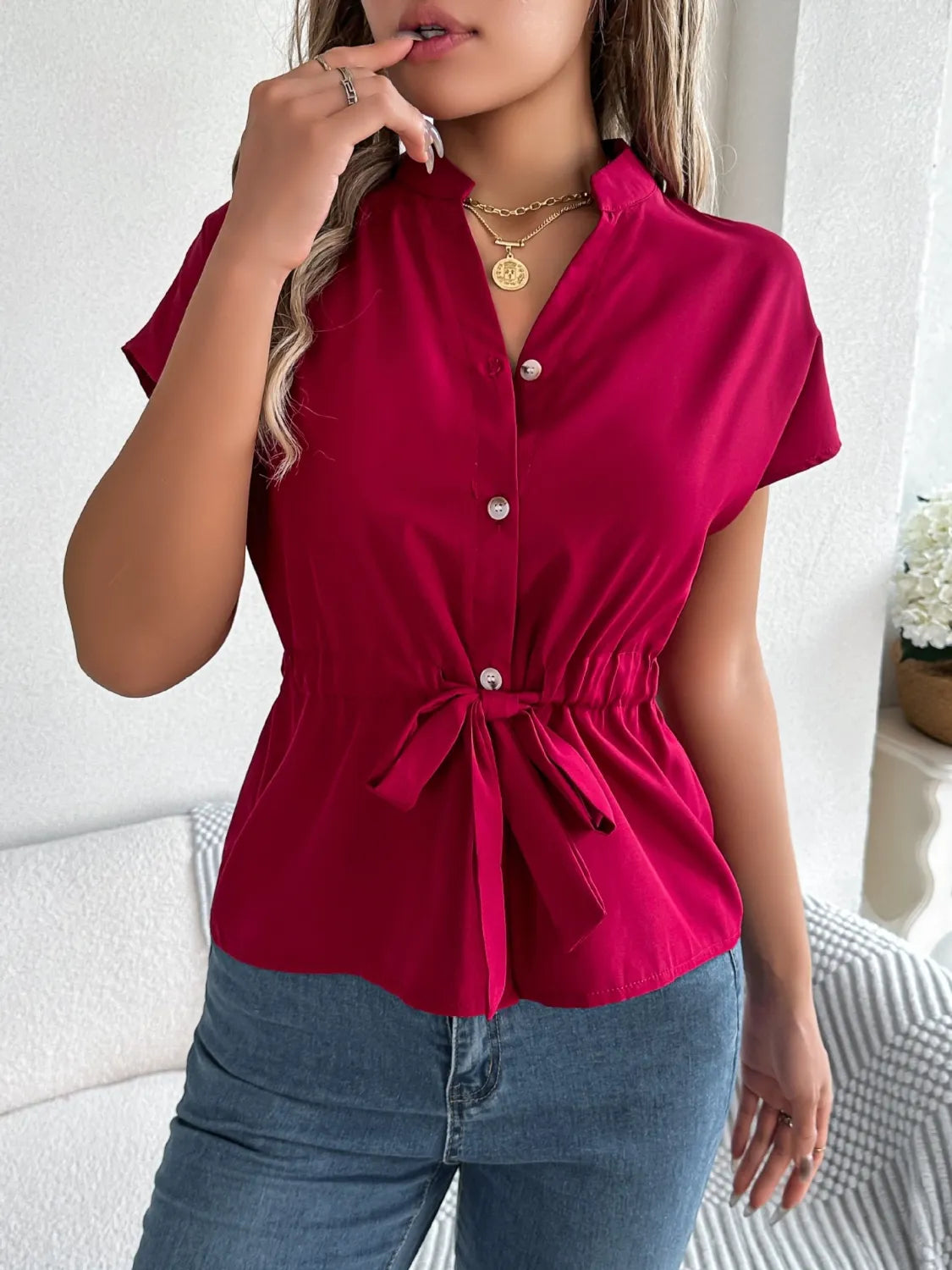 Notched Short Sleeve Blouse - LaTezza Online Shop