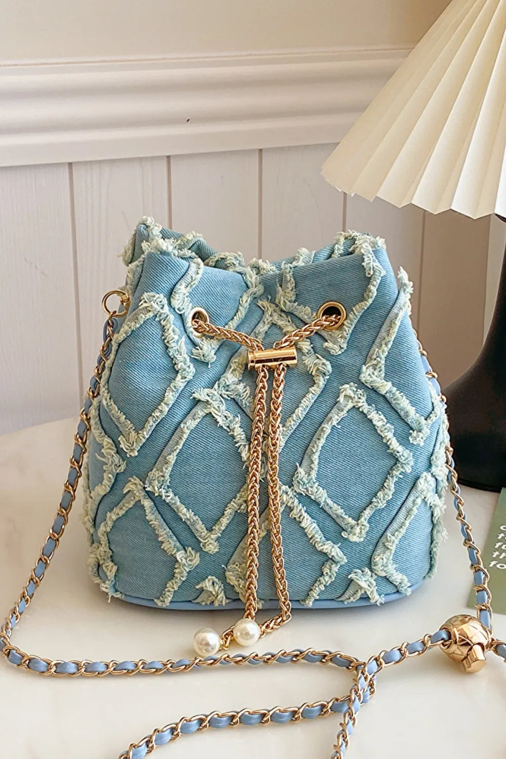 Chain Drawstring Raw Edge Denim Bucket Bag - LaTezza Online Shop
