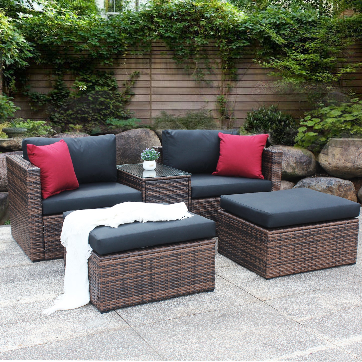 5 Pieces Outdoor Patio Garden Brown Wicker Sectional Sofa Set - LaTezza Online Shop