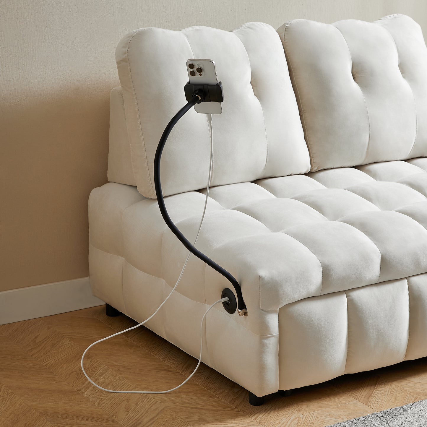 Modern sofa velvet pull-out bed,Independently removable backrest, have USB port and swivel phone stand ,beige - LaTezza Online Shop