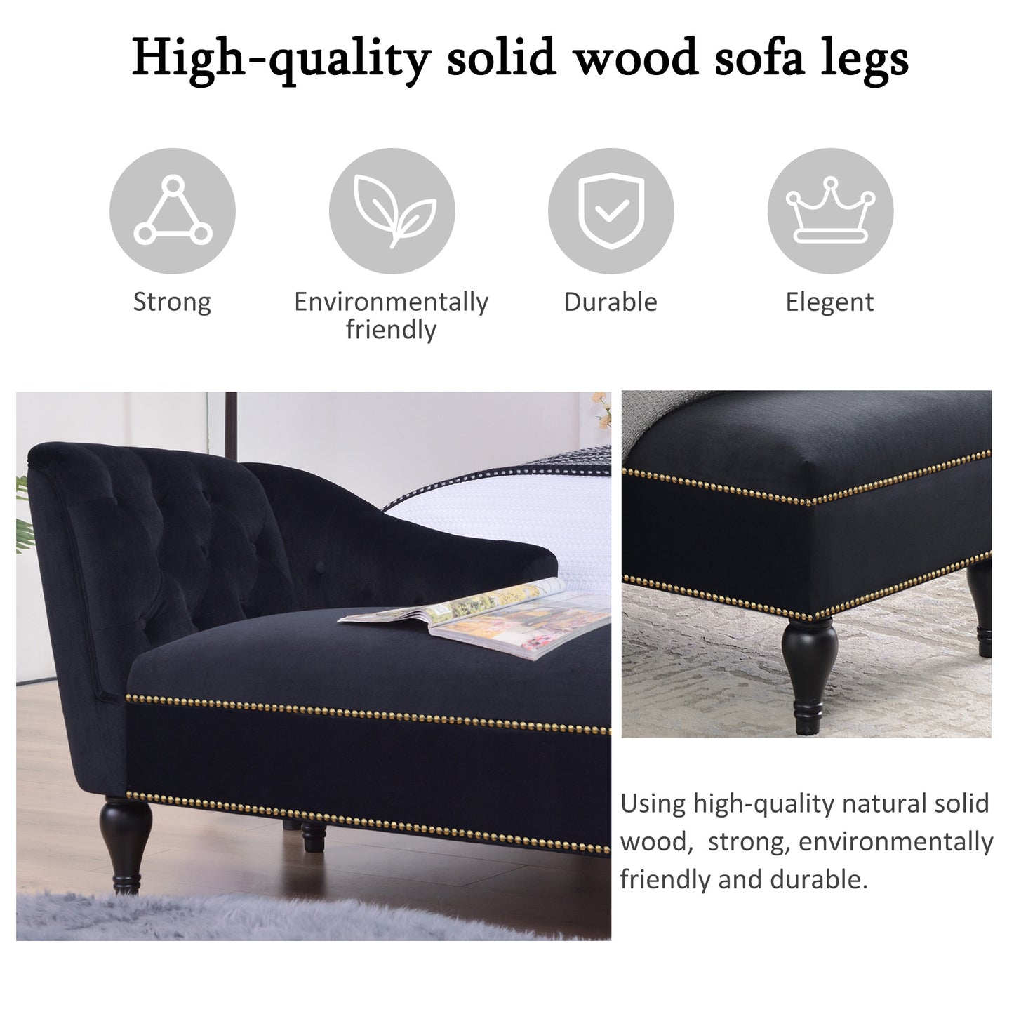 58 inch velvet lounge chair, button cluster right arm lounge chair with nail head decoration and solid wood legs - LaTezza Online Shop