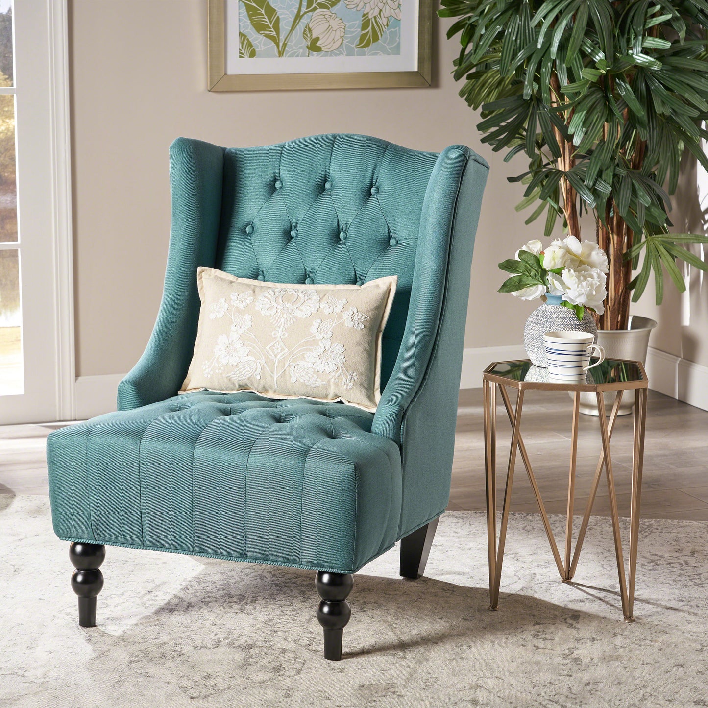Teal Upholstered Wingback Chair with Birch Wood Legs - LaTezza Online Shop