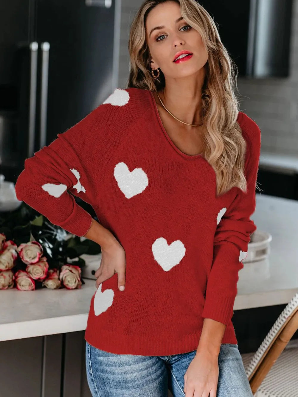 Heart Scoop Neck Long Sleeve Sweater - LaTezza Online Shop