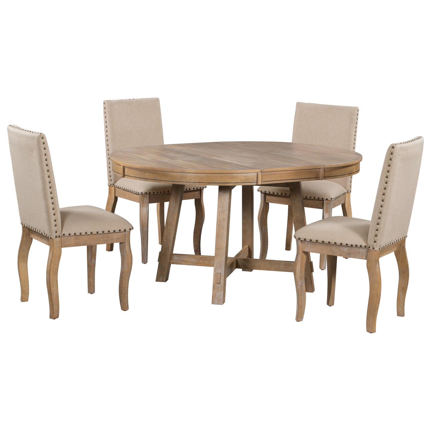 TREXM 5-Piece Farmhouse Dining Table Set Wood Round Extendable Dining Table and 4 Upholstered Dining Chairs (Natural Wood Wash) - LaTezza Online Shop