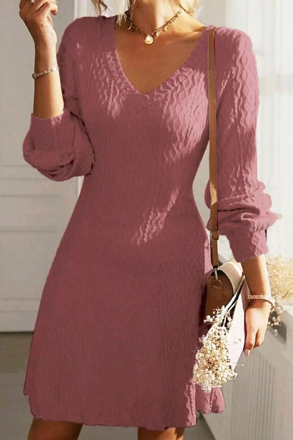 Solid color texture long sleeved elegant French dress women's dress - LaTezza Online Shop