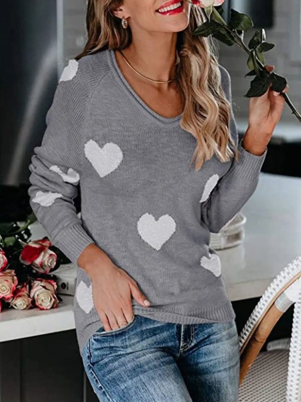 Heart Scoop Neck Long Sleeve Sweater - LaTezza Online Shop