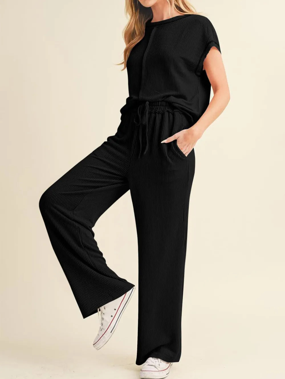 Ribbed Exposed Seam Top and Pants Set - LaTezza Online Shop