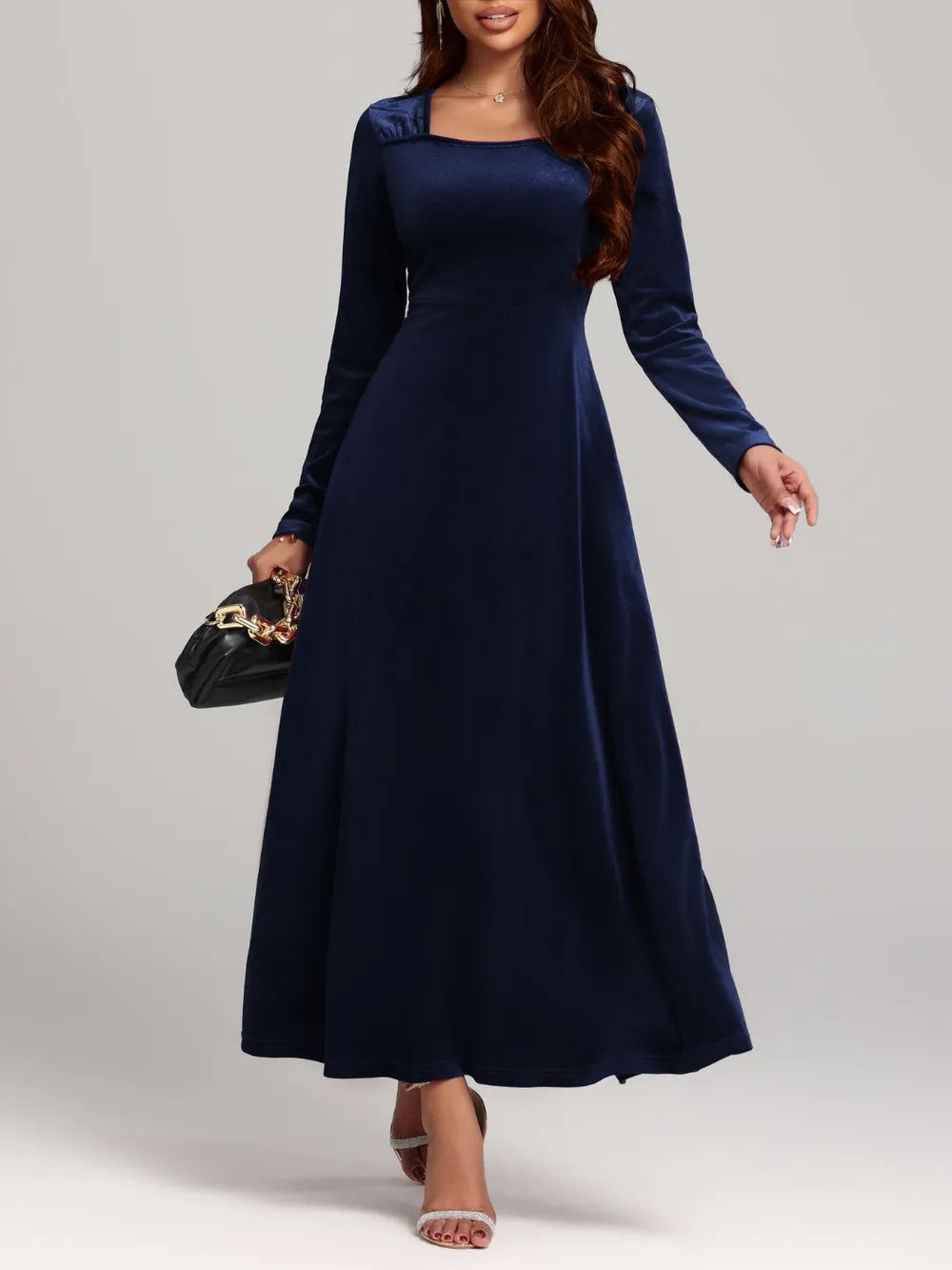 Square Neck Long Sleeve Velvet Dress - LaTezza Online Shop