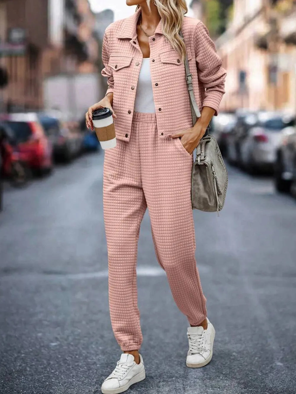 Plaid Texture Snap Down Top and Pants Set - LaTezza Online Shop