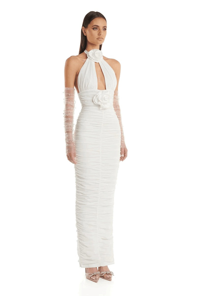 White Halter backless tight fitting flower accent bandage wrapped long dress - LaTezza Online Shop
