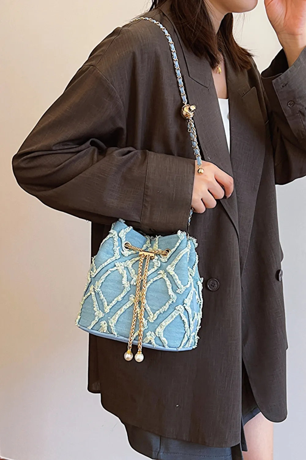 Chain Drawstring Raw Edge Denim Bucket Bag - LaTezza Online Shop