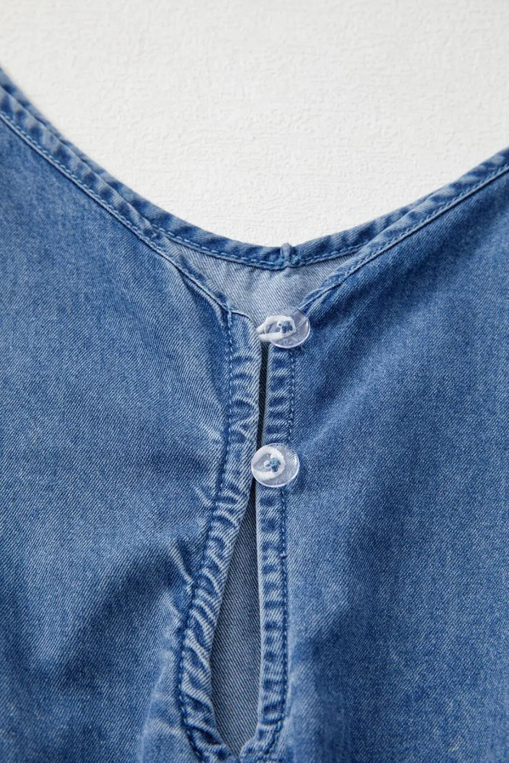 Spaghetti Straps V Neck Belted Ruffled Leg Chambray Romper - LaTezza Online Shop