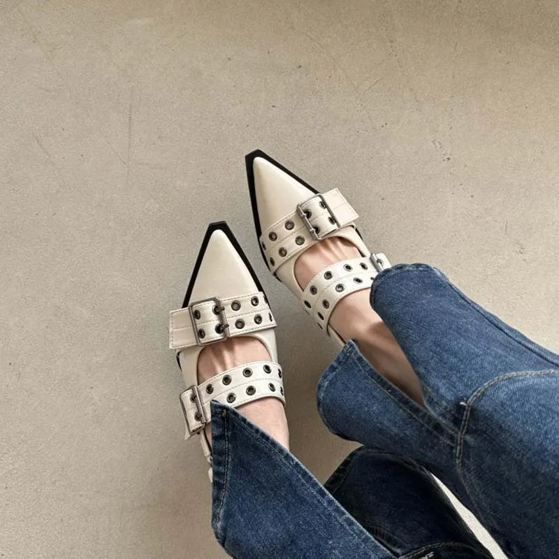 Square Toe Flats Loafers Point Toe Eyelet Buckle Slip-Ons - LaTezza Online Shop