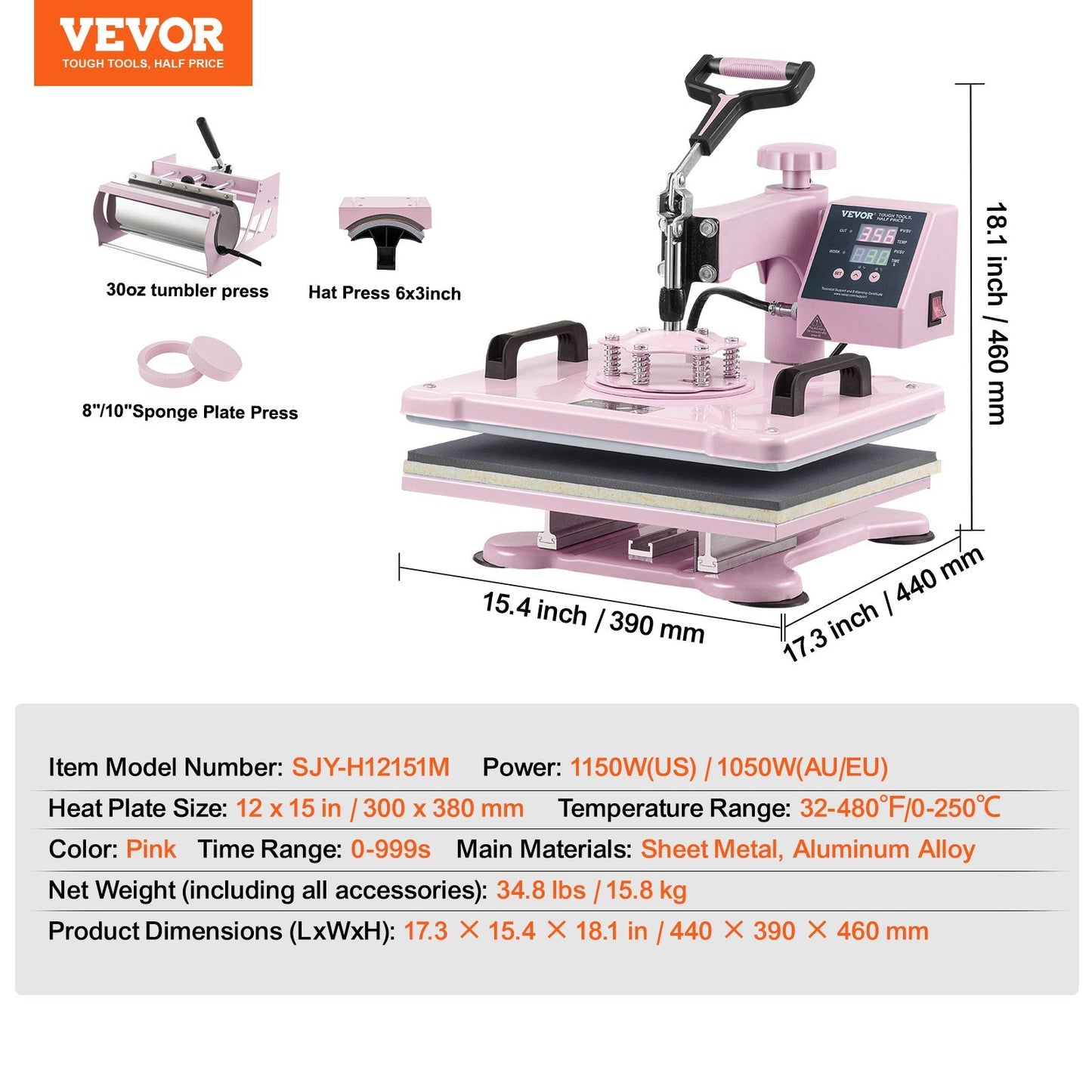VEVOR Heat Press Machine 12x15 In 5 In 1 With 30oz Tumbler Press T-Shirts - LaTezza Online Shop
