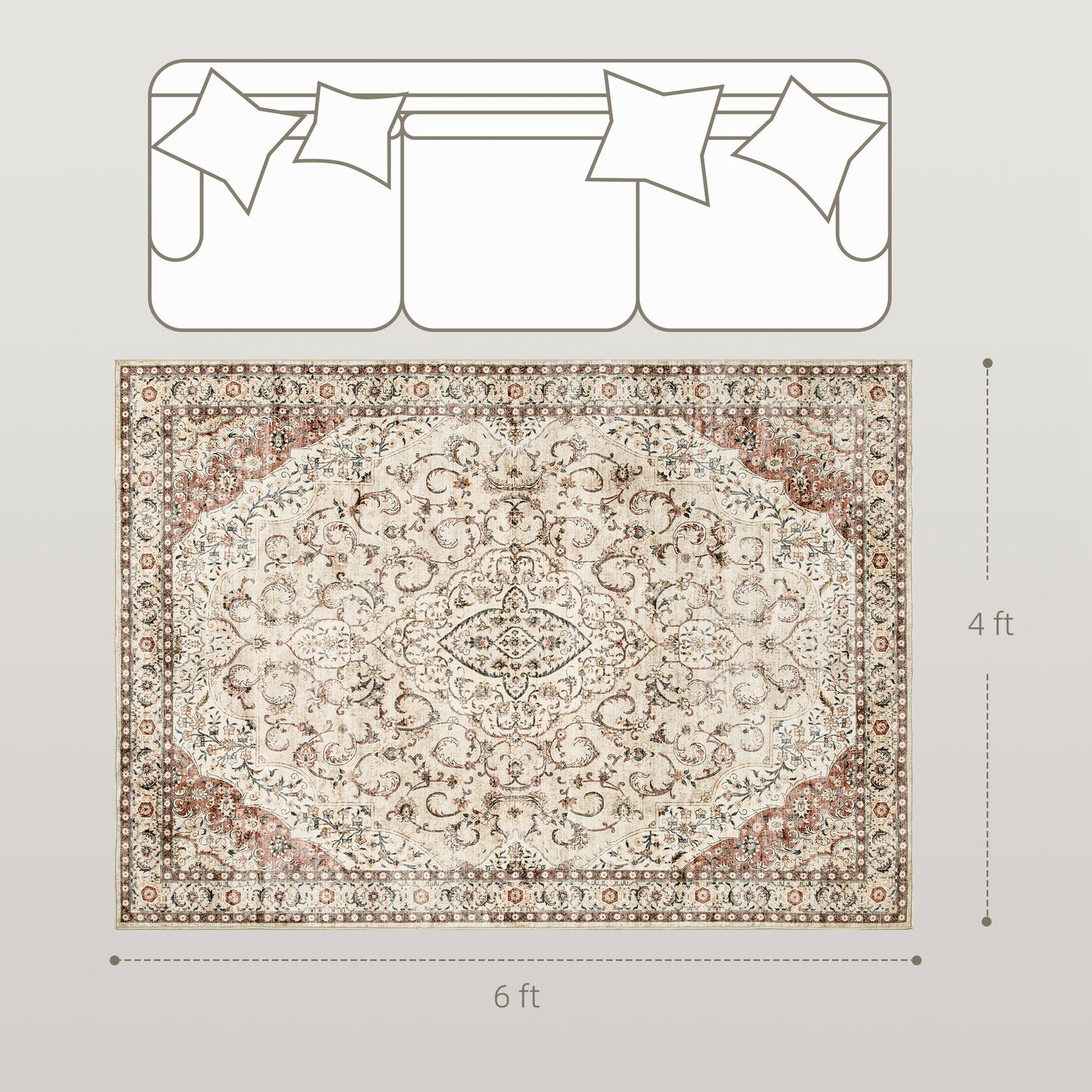 Area Rug 4x6, Machine Washable Rug, Non-Slip Classical Floral Print Floor Carpet For Living Room, Bedroom, Mixed-Brown