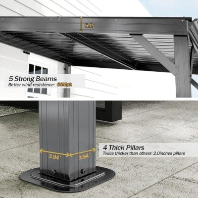 8x 8 Lean To Gazebo With Upgraded Drainage System Wall Mounted Hardtop Galvanized Steel Sloping Roof Gray