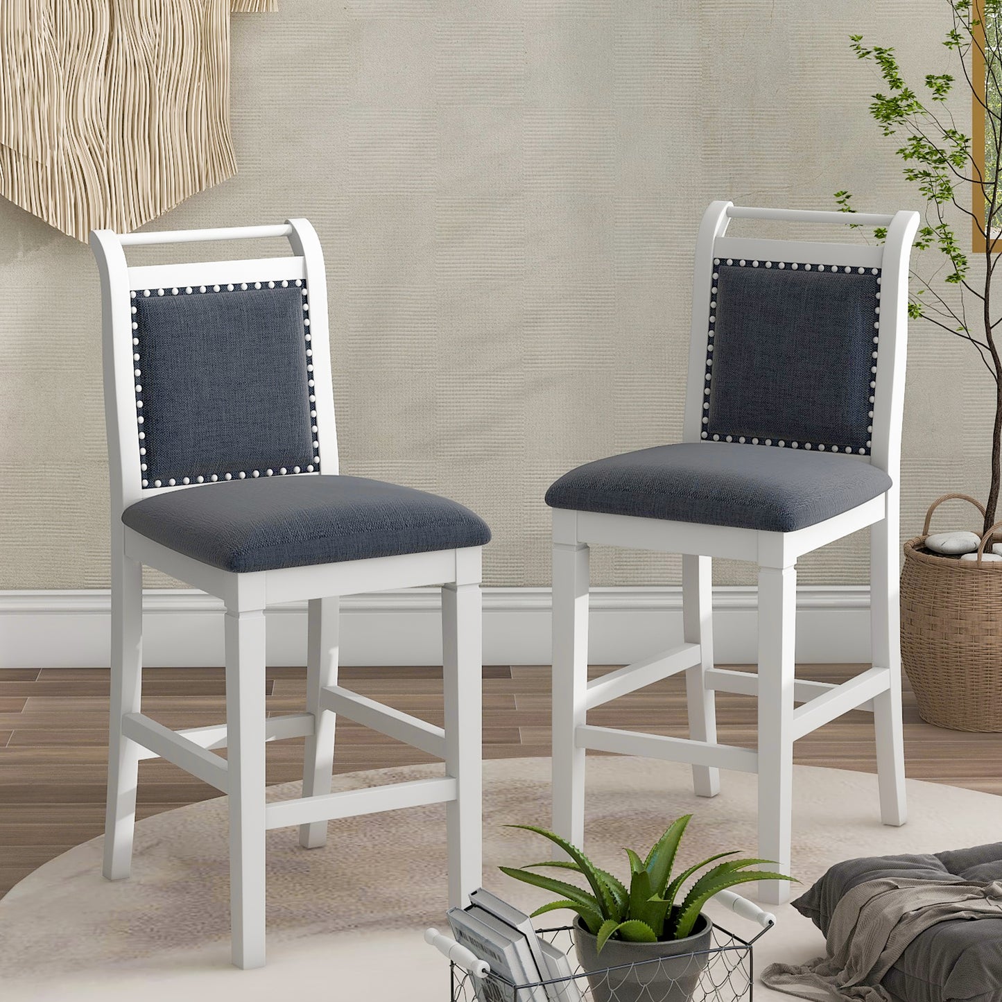 TOPMAX 3-Piece Wood Counter Height Drop Leaf Dining Table Set with 2 Upholstered Dining Chairs for Small Place White+Gray - LaTezza Online Shop
